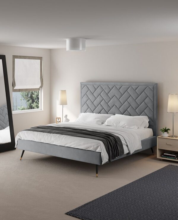 Manhattan Comfort Crosby Modern King-Size Upholstered Velvet Bedframe and Headboard in Grey