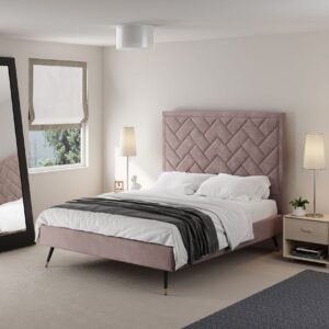 Manhattan Comfort Crosby Modern Queen-Size Upholstered Velvet Bedframe and Headboard in Blush