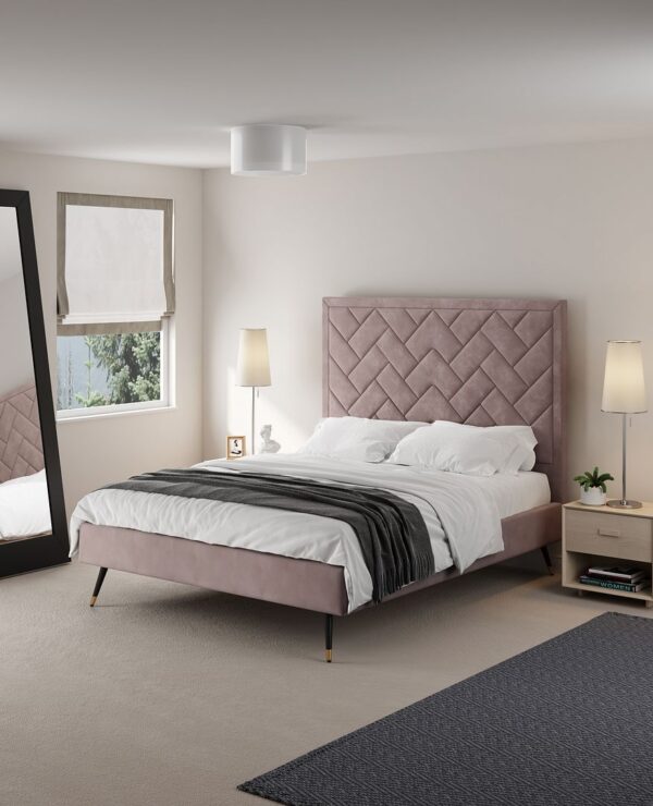 Manhattan Comfort Crosby Modern Queen-Size Upholstered Velvet Bedframe and Headboard in Blush