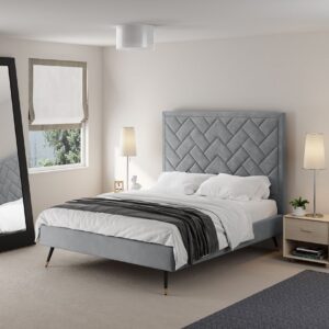 Manhattan Comfort Crosby Modern Queen-Size Upholstered Velvet Bedframe and Headboard in Grey