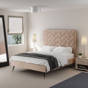 Manhattan Comfort Crosby Modern Queen-Size Upholstered Velvet Bedframe and Headboard in Nude