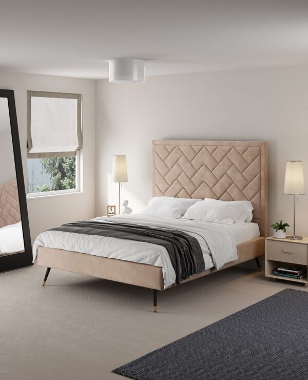 Manhattan Comfort Crosby Modern Queen-Size Upholstered Velvet Bedframe and Headboard in Nude