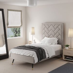 Manhattan Comfort Crosby Modern Twin-Size Upholstered Velvet Bedframe and Headboard in Greige