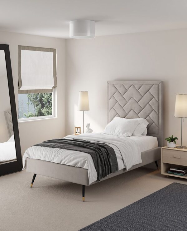 Manhattan Comfort Crosby Modern Twin-Size Upholstered Velvet Bedframe and Headboard in Greige