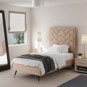 Manhattan Comfort Crosby Modern Twin-Size Upholstered Velvet Bedframe and Headboard in Nude