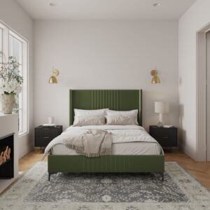 Manhattan Comfort Promenade Mid-Century Modern Velvet Upholstered Queen-Size Bed in Moss Green