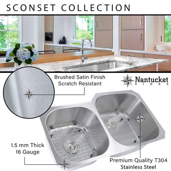 Nantucket Sinks NS10i-16 Sconset 32-1/2 Inch Double Bowl Equal Undermount Stainless Steel Kitchen Sink, 16 Gauge