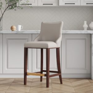 Manhattan Comfort Modern Shubert Barstool Upholstered in Light Grey Leatherette with Beech Wood Legs