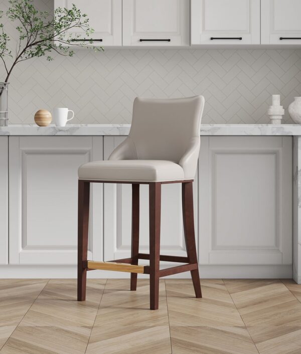 Manhattan Comfort Modern Shubert Barstool Upholstered in Light Grey Leatherette with Beech Wood Legs