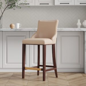 Manhattan Comfort Modern Shubert Barstool Upholstered in Tan Leatherette with Beech Wood Legs