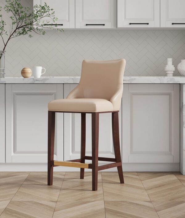 Manhattan Comfort Modern Shubert Barstool Upholstered in Tan Leatherette with Beech Wood Legs