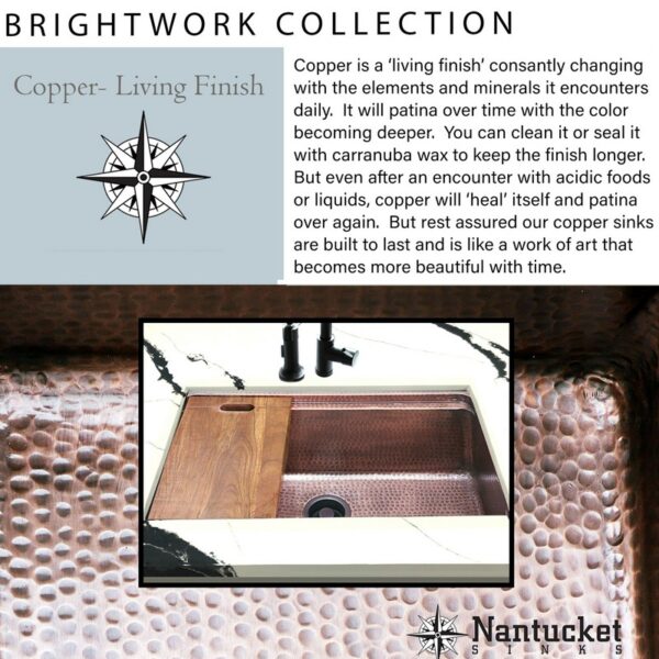 Nantucket Sinks KCH-PS-3220 Brightwork Collection 32 Inch Hand Hammerd Copper Prepstation Kitchen Sink with Acacia Wood Cutting Board