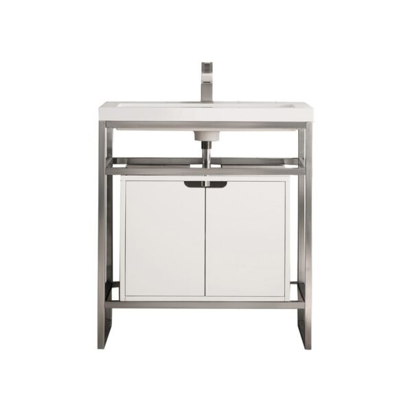 James Martin C105V31.5BNKSCGWWG Boston 31.5 Inch Stainless Steel Sink Console in Brushed Nickel with Glossy White Storage Cabinet in White Glossy Composite Countertop