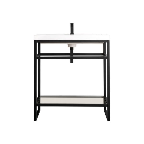 James Martin C105V31.5MBKWG Boston 31.5 Inch Stainless Steel Sink Console in Matte Black with White Glossy Composite Countertop