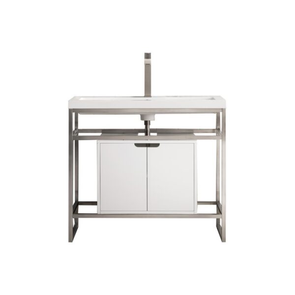 James Martin C105V39.5BNKSCGWWG Boston 39.5 Inch Stainless Steel Sink Console in Brushed Nickel with Glossy White Storage Cabinet in White Glossy Composite Countertop