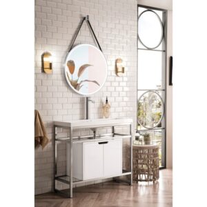 James Martin C105V39.5BNKSCGWWG Boston 39.5 Inch Stainless Steel Sink Console in Brushed Nickel with Glossy White Storage Cabinet in White Glossy Composite Countertop