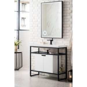 James Martin C105V39.5MBKSCGWWG Boston 39.5 Inch Stainless Steel Sink Console in Matte Black with Glossy White Storage Cabinet in White Glossy Composite Countertop