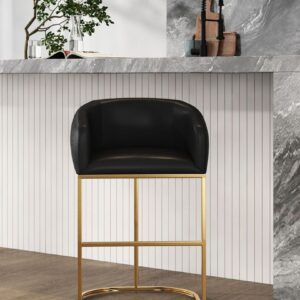 Manhattan Comfort Louvre Mid-Century Modern Leatherette Upholstered Counter Stool  in Black and Titanium Gold