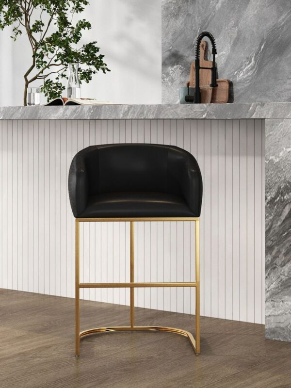 Manhattan Comfort Louvre Mid-Century Modern Leatherette Upholstered Counter Stool  in Black and Titanium Gold