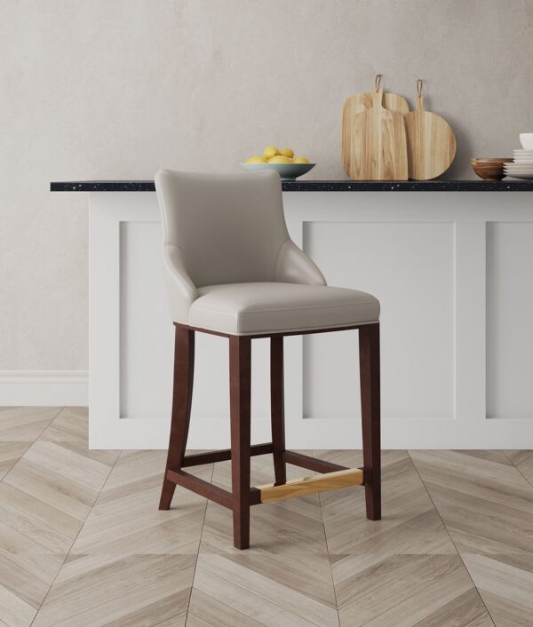 Manhattan Comfort Modern Shubert Counter Stool Upholstered in Light Grey Leatherette with Beech Wood Legs