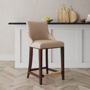 Manhattan Comfort Modern Shubert Counter Stool Upholstered in Tan Leatherette with Beech Wood Legs