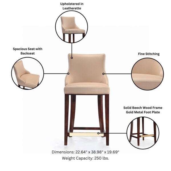 Manhattan Comfort Modern Shubert Counter Stool Upholstered in Tan Leatherette with Beech Wood Legs