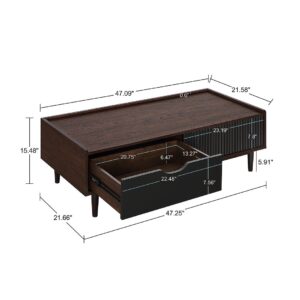 Manhattan Comfort Duane Modern Ribbed Coffee Table with Drawer and Shelf in Dark Brown and Black