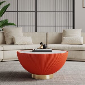 Manhattan Comfort Modern Anderson Coffee Table Upholstered in Orange Leatherette with Ceramic Faux Marble Tabletop