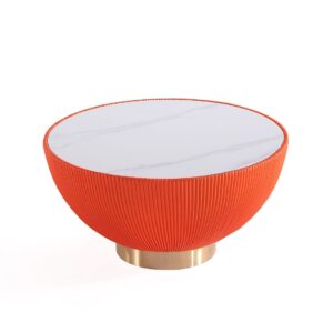 Manhattan Comfort Modern Anderson Coffee Table Upholstered in Orange Leatherette with Ceramic Faux Marble Tabletop