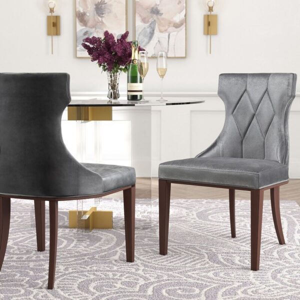 Manhattan Comfort Reine Grey and Walnut Velvet Dining Chair (Set of Two)