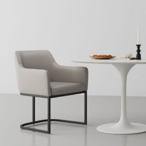 Manhattan Comfort Modern Serena Dining Armchair Upholstered in Leatherette with Steel Legs in Light Grey