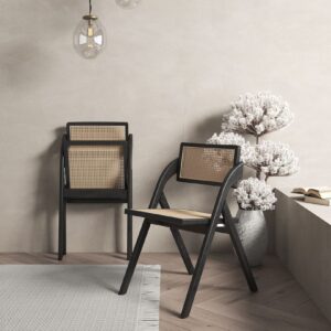 Manhattan Comfort Lambinet Folding Dining Chair in Black and Natural Cane - Set of 2