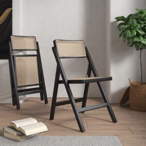 Manhattan Comfort Pullman Folding Dining Chair in Black and Natural Cane - Set of 2