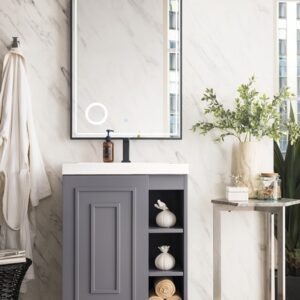 James Martin E110V24GSMMBKWG Alicante 23 5/8 Inch Single Vanity Cabinet with White Glossy Composite Countertop - Grey Smoke