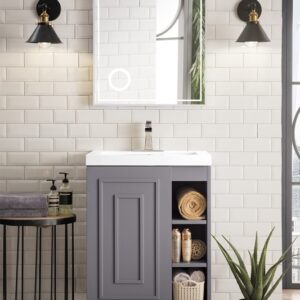 James Martin E110V24GSMWG Alicante 23 5/8 Inch Single Vanity Cabinet with White Glossy Composite Countertop - Grey Smoke