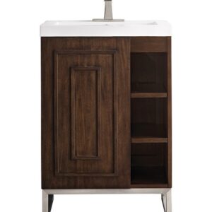 James Martin E110V24MCABNKWG Alicante 23 5/8 Inch Single Vanity Cabinet with White Glossy Composite Countertop - Mid Century Acacia