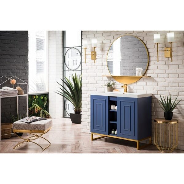 James Martin E110V39.5AZBRGDWG Alicante' 39.5 Inch Single Vanity Cabinet in Azure Blue and Radiant Gold with White Glossy Composite Countertop