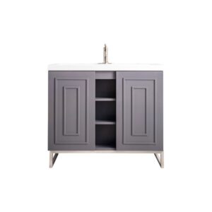 James Martin E110V39.5GSMBNKWG Alicante' 39.5 Inch Single Vanity Cabinet in Grey Smoke and Brushed Nickel with White Glossy Composite Countertop