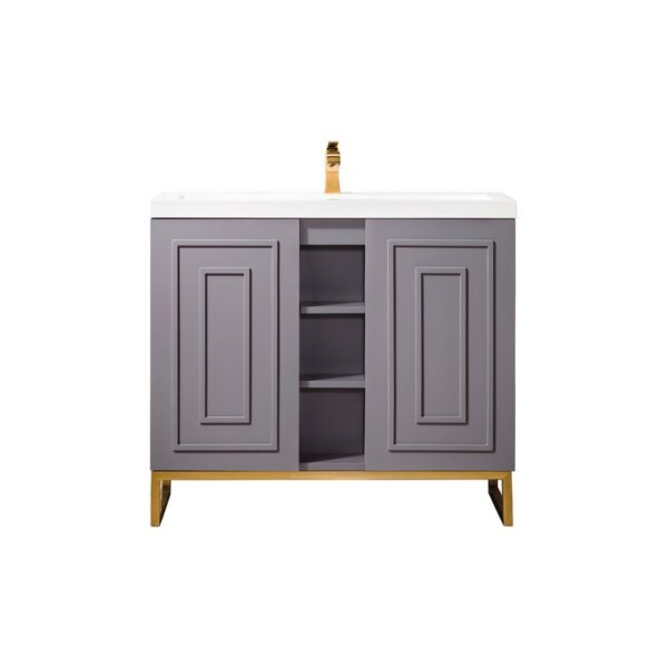 James Martin E110V39.5GSMRGDWG Alicante' 39.5 Inch Single Vanity Cabinet in Grey Smoke and Radiant Gold with White Glossy Composite Countertop