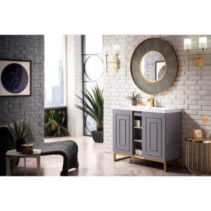 James Martin E110V39.5GSMRGDWG Alicante' 39.5 Inch Single Vanity Cabinet in Grey Smoke and Radiant Gold with White Glossy Composite Countertop