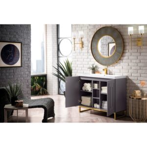 James Martin E110V39.5GSMRGDWG Alicante' 39.5 Inch Single Vanity Cabinet in Grey Smoke and Radiant Gold with White Glossy Composite Countertop