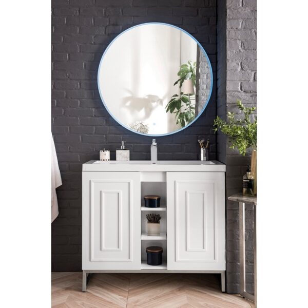 James Martin E110V39.5GWBNKWG Alicante' 39.5 Inch Single Vanity Cabinet in Glossy White and Brushed Nickel with White Glossy Composite Countertop