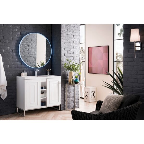 James Martin E110V39.5GWBNKWG Alicante' 39.5 Inch Single Vanity Cabinet in Glossy White and Brushed Nickel with White Glossy Composite Countertop