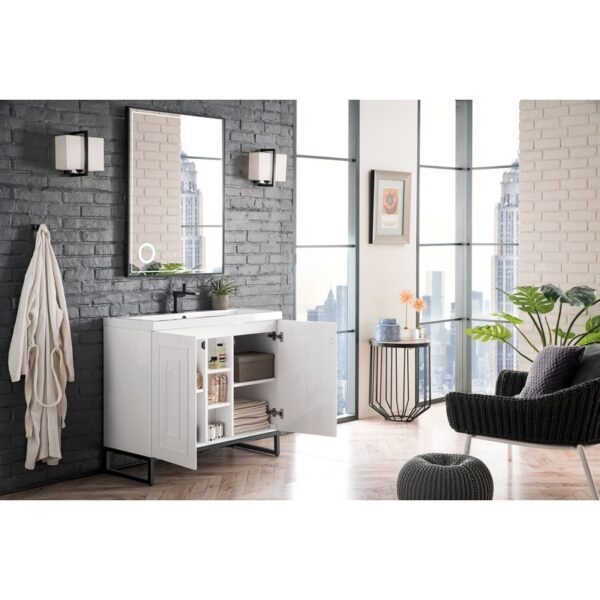 James Martin E110V39.5GWMBKWG Alicante' 39.5 Inch Single Vanity Cabinet in Glossy White and Matte Black with White Glossy Composite Countertop