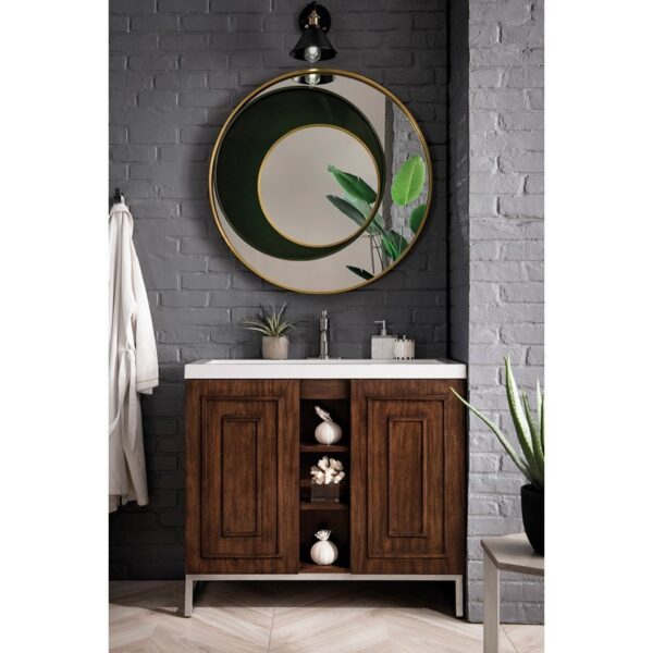 James Martin E110V39.5MCABNKWG Alicante' 39.5 Inch Single Vanity Cabinet in Mid Century Acacia and Brushed Nickel with White Glossy Composite Countertop