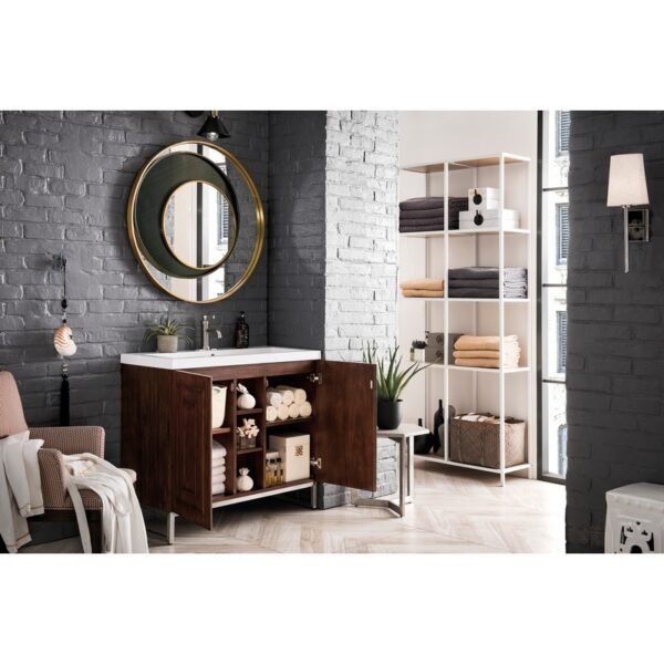 James Martin E110V39.5MCABNKWG Alicante' 39.5 Inch Single Vanity Cabinet in Mid Century Acacia and Brushed Nickel with White Glossy Composite Countertop