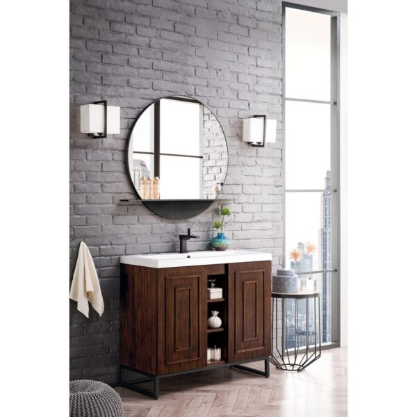 James Martin E110V39.5MCAMBKWG Alicante' 39.5 Inch Single Vanity Cabinet in Mid Century Acacia and Matte Black with White Glossy Composite Countertop