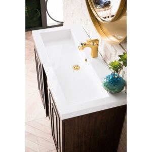 James Martin E110V39.5MCARGDWG Alicante' 39.5 Inch Single Vanity Cabinet in Mid Century Acacia and Radiant Gold with White Glossy Composite Countertop