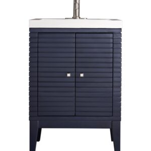 James Martin E213V24NVBWG Linden 23 5/8 Inch Single Vanity Cabinet with White Glossy Composite Countertop - Navy Blue