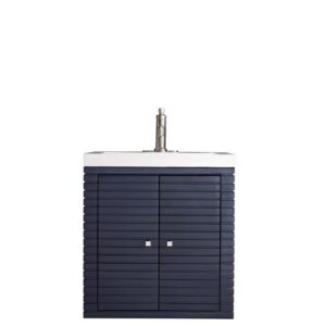 James Martin E213V24NVBWG Linden 23 5/8 Inch Single Vanity Cabinet with White Glossy Composite Countertop - Navy Blue